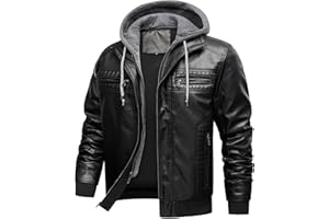 INVACHI Men's Leather Jacket Motorcycle Bomber Jacket Windproof PU Vintage Jacket with Removable Hood