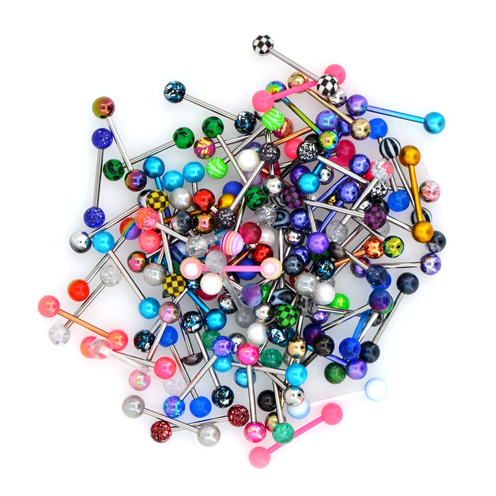 OUFER 100PCS 14G 316L Stainless Steel Tongue Rings Different Color Ball Acrylic Tongue Piercing Tongue Barbells (Random Colors)