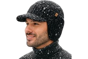 TOP-EX DryKnit™ Waterproof Merino Wool Beanie Hat with Brim Ear Flaps Fleece Lined Ski Cap for Cold Weather & Large Heads