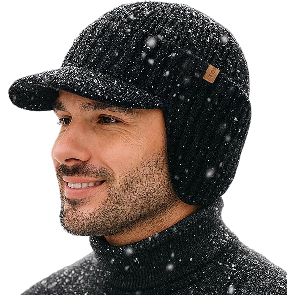 Yixda Men's Winter Knitted Beanie Hat With Visor & Fleece Lining - Warm, One Size Fits Most, Black