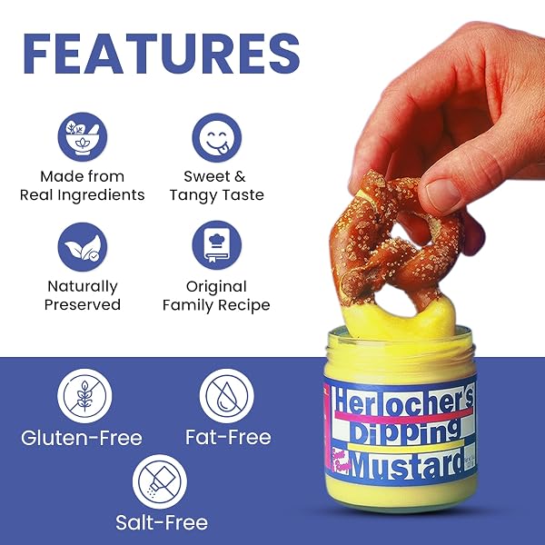 HERLOCHER’S DIPPING MUSTARD – SWEET & TANGY MUSTARD DIP, 8 OZ JAR | GLUTEN-FREE, SALT-FREE, FAT-FREE | PERFECT PRETZEL & SNACK DIP | MADE IN USA