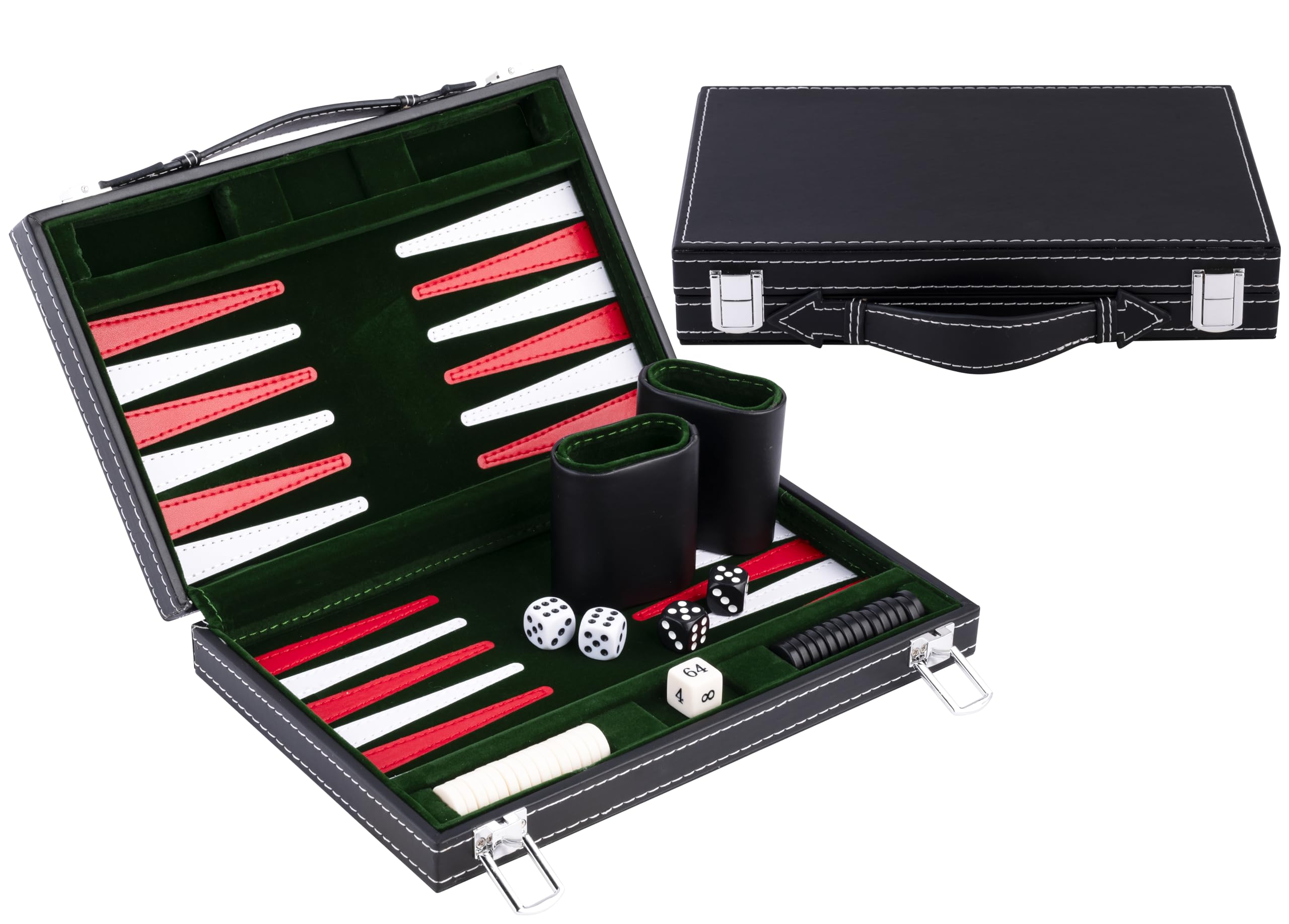Engelhart- Travel Backgammon 11" travel game, inlaid velvet stitching leatherette playing field in attache case (Green/Red/White)