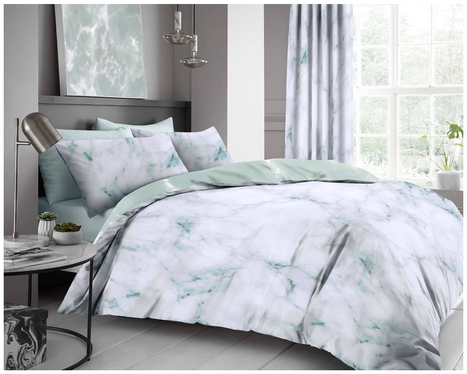 GC GAVENO CAVAILIA Easy Care Marble Duvet Cover, Luxury Textured Printed Soft & Cosy Quilt Set, Polycotton Bedding, Duck Egg, King,567691