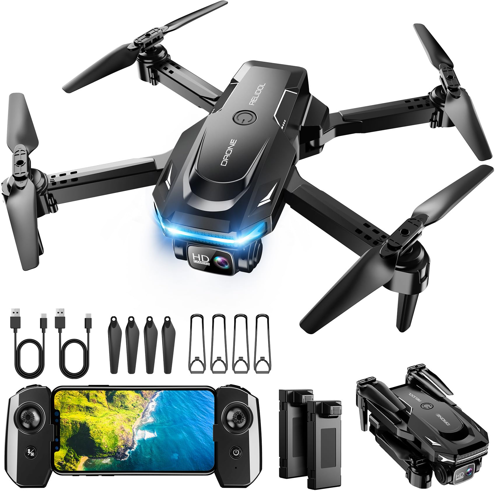 Drone with 1080P Camera - Foldable Remote Control Quadcopter with Voice Gesture Control, 3D Flip, One Key Start, Emergency Stop, 2 Batteries, Easier to use, Toy for Adults Beginners, Black Image
