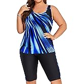 Hanna Nikole Women's Plus Size Tummy Control Tankini Swimsuits Color Block Bathing Suits with Shorts Knee Length