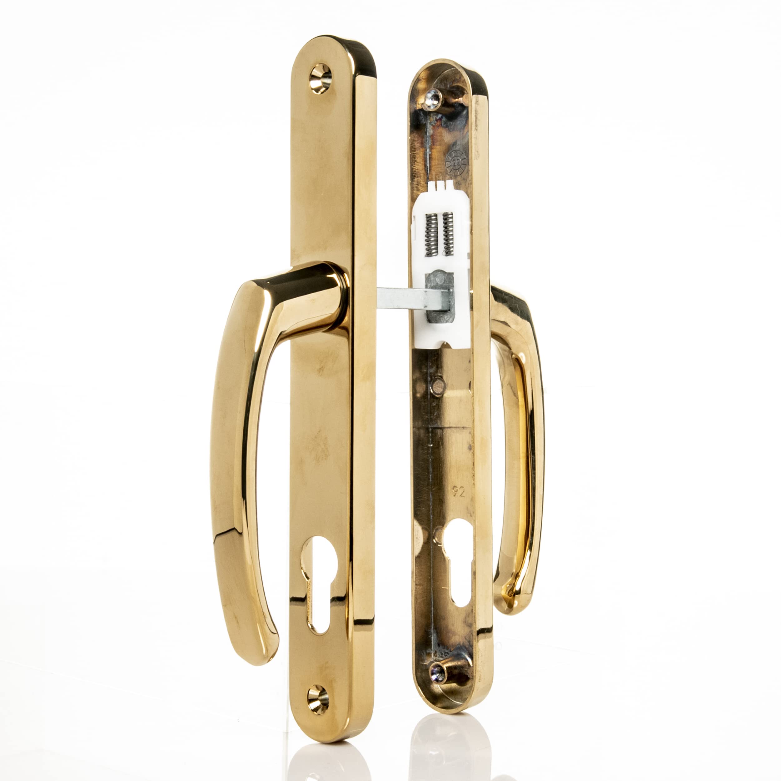 UPVC Door Handles Set - Polished Brass - Lever/Lever - 92mm PZ (Centres) - 215mm Screw to Screw - Backplate 245mm X 32mm - UPVC Door Handle - Brass Replacement UPVC Door Handles - PVC Door Handle