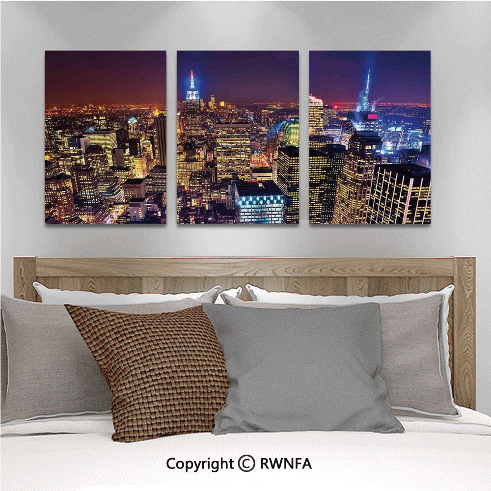 3pcs/Set Oil Painting Wall Art Aerial Cityscape Landmark Fourth of July Independence Penthouse Modern Art Image Cubism Printed on Canvas Picture Modern Art for Home Decoration 13.8x19.7inch,Purple Go