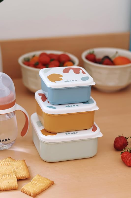 , Set di 3 scatole per merenda per bambini e ragazzi, ideali per l'asilo nido e la scuola materna,facili da aprire e da pulire, lavabili in lavastoviglie e nel microonde,230mL/350mL/500mL,Playful
