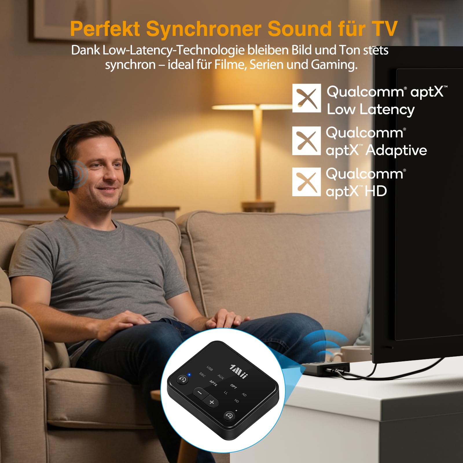 1Mii B06T6 Bluetooth 5.3 Transmitter für TV, aptX Low Latency/HD/Adaptive Audio Sender mit Dual Link für 2 Kopfhörer, Optisch/AUX/RCA/USB Audio Adapter, bis zu 30 m Reichweite 3