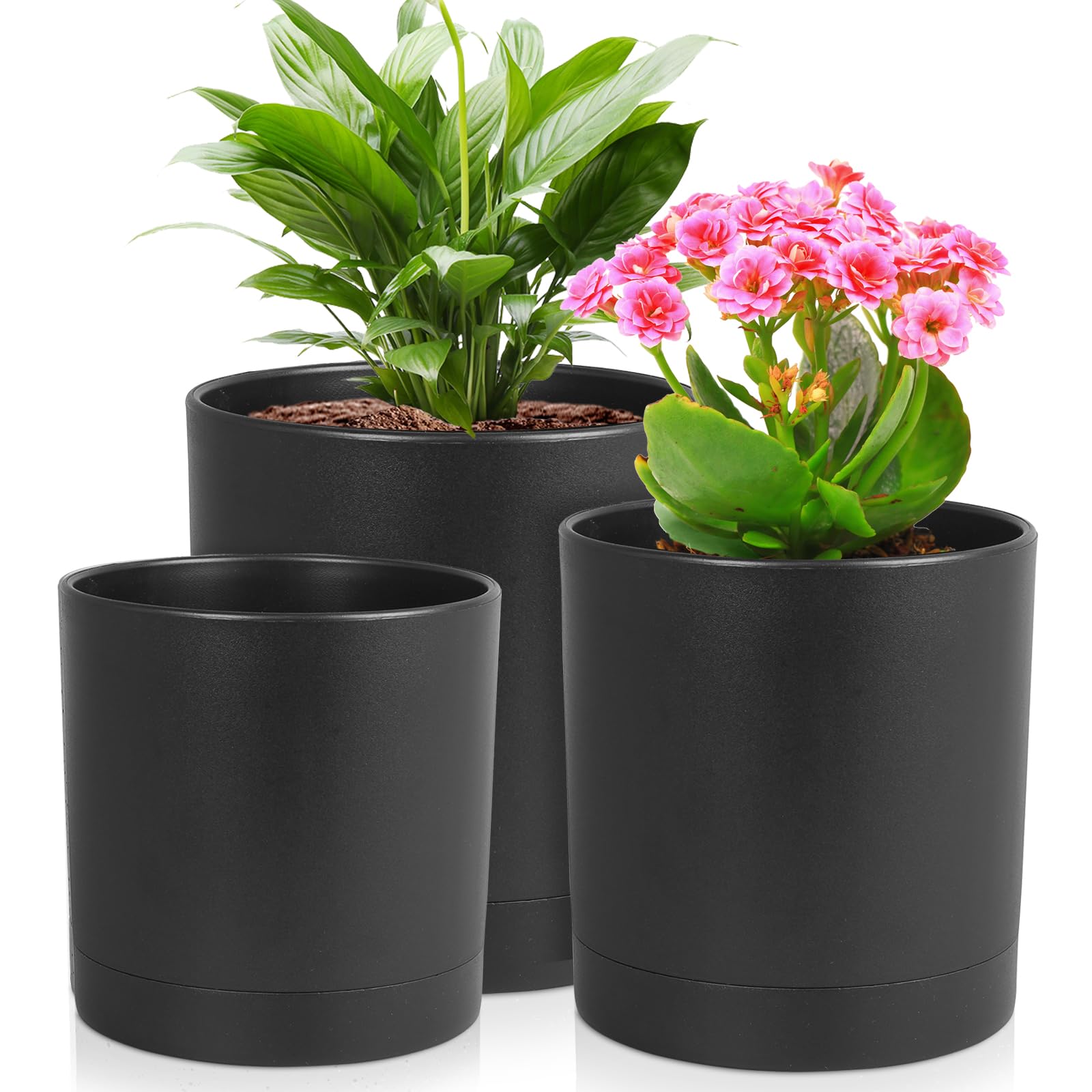 Photo 1 of Meowell 6/5/4 inch Flower Pots, Set of 3 Cylinder Plant Pots for Small Indoor Outdoor Plants, Plastic Planters with Drainage Holes and Saucers for Garden Succulent Nursery House Plants, Black