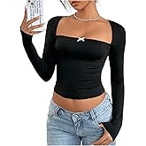 Verdusa Women's Square Neck T Shirts Streetwear Long Sleeve Ruched Slim Fitted Tops