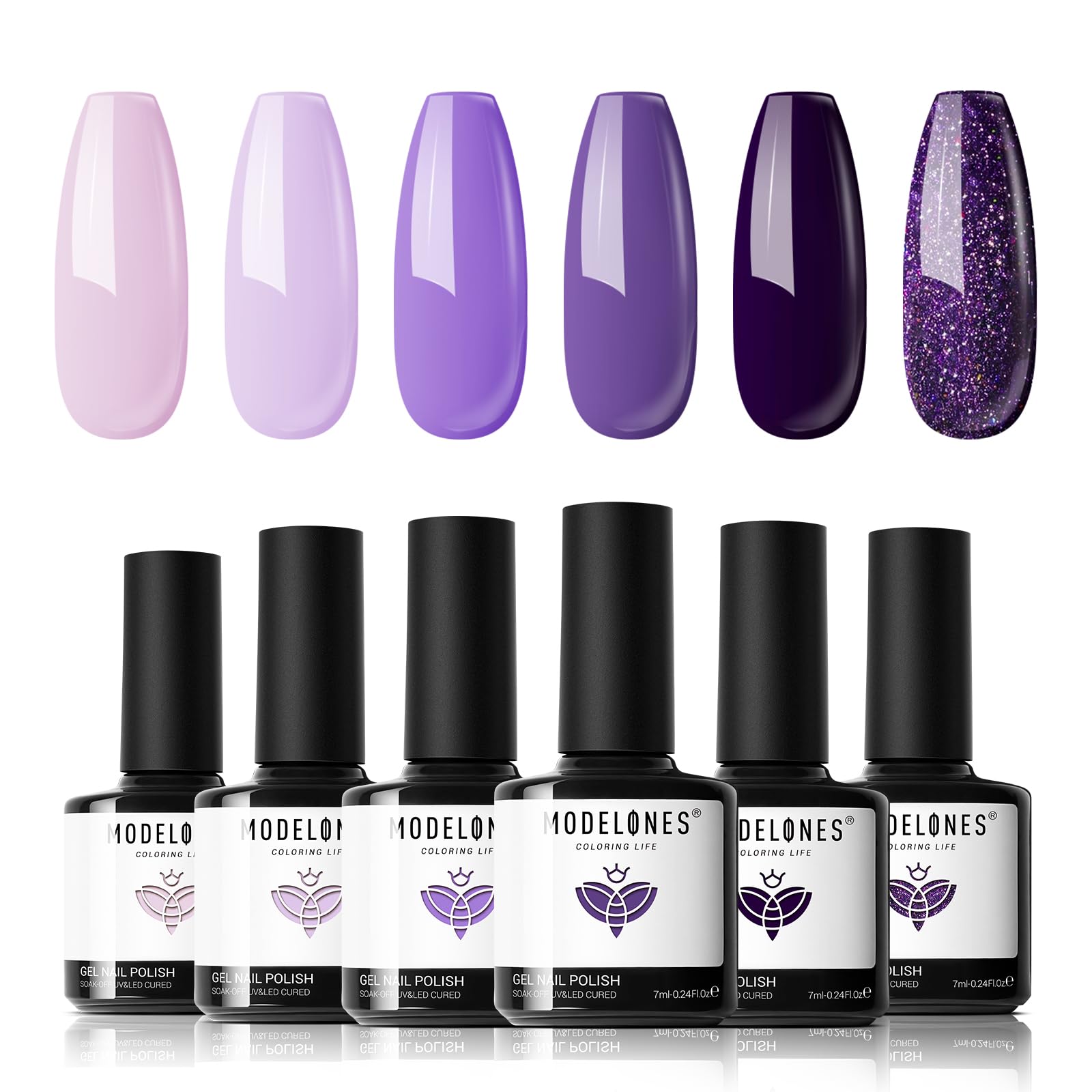 modelones Gel Nail Polish Set - Purple 6 Colors Gel Polish Set Purple Glitter Nail Polish Soak Off 2024 Summer LED Nail Art Manicure Holiday Grape Purple Gel Nail Kit Gifts for Women DIY Home Salon