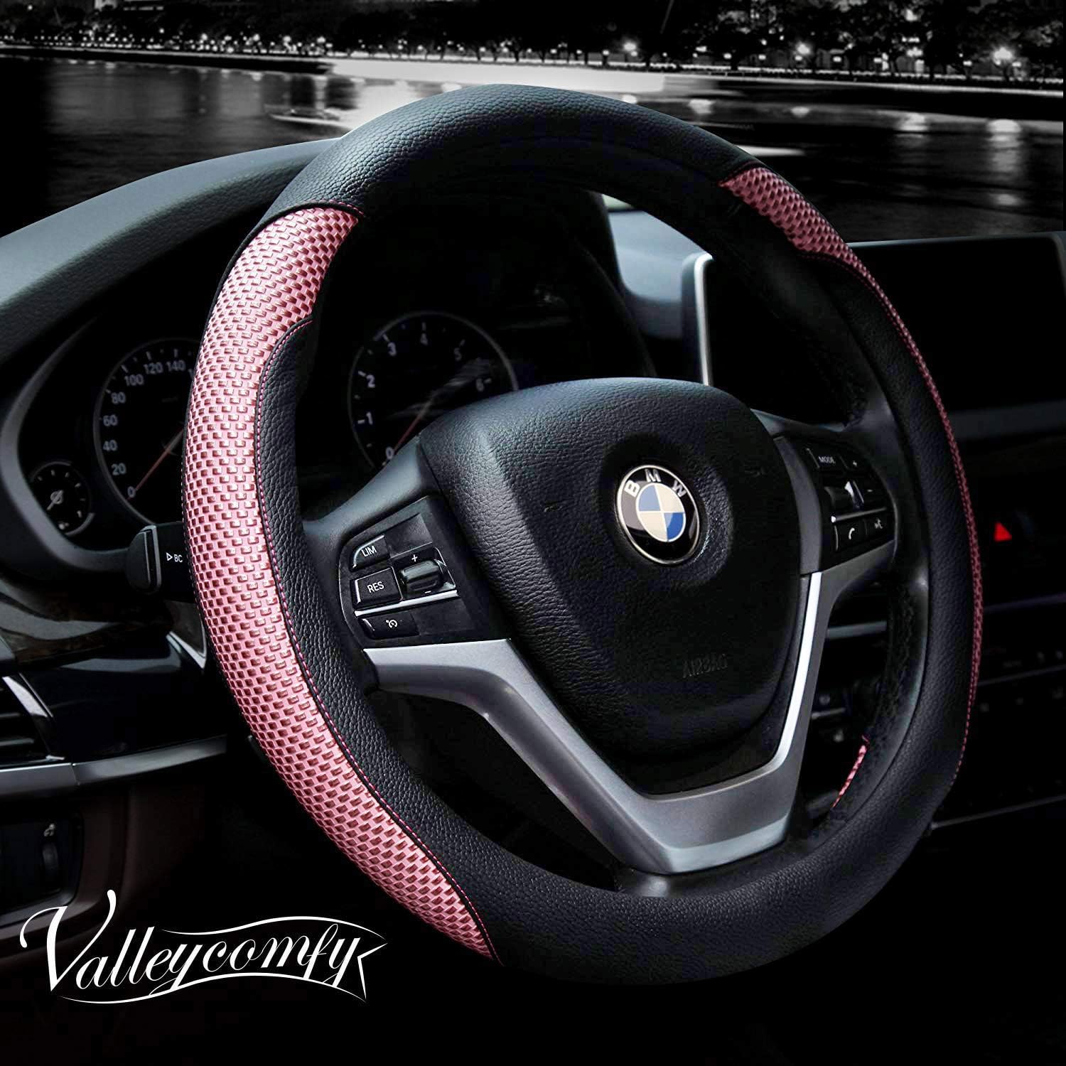 Valleycomfy Microfiber Leather Steering Wheel Covers Universal 15 inch (Black): Automotive