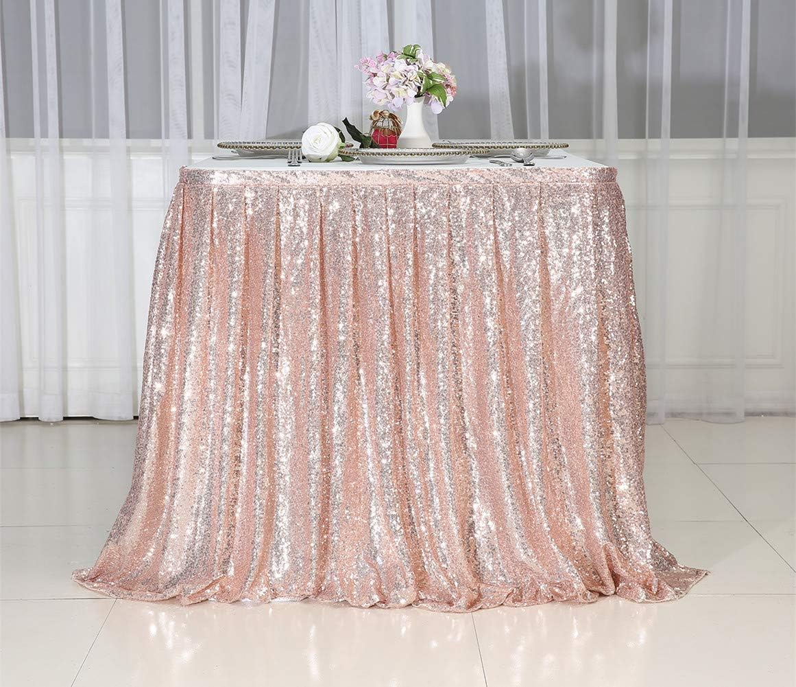 SquarePie Sequin Table Skirt for Rectangle Square Round Table Party(Size: L 3ft,H 30in; Color: Rose Gold)