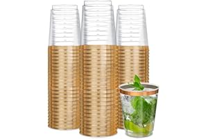 R-KAY 50 Pack Gold Plastic Cups For Party - 10 Oz Clear Party Cups Disposable Glasses - Hard Plastic Glasses - Heavy Duty Gold Cups - Disposable Cocktail Glasses - Disposable Cups / Plastic Cocktail Glasses