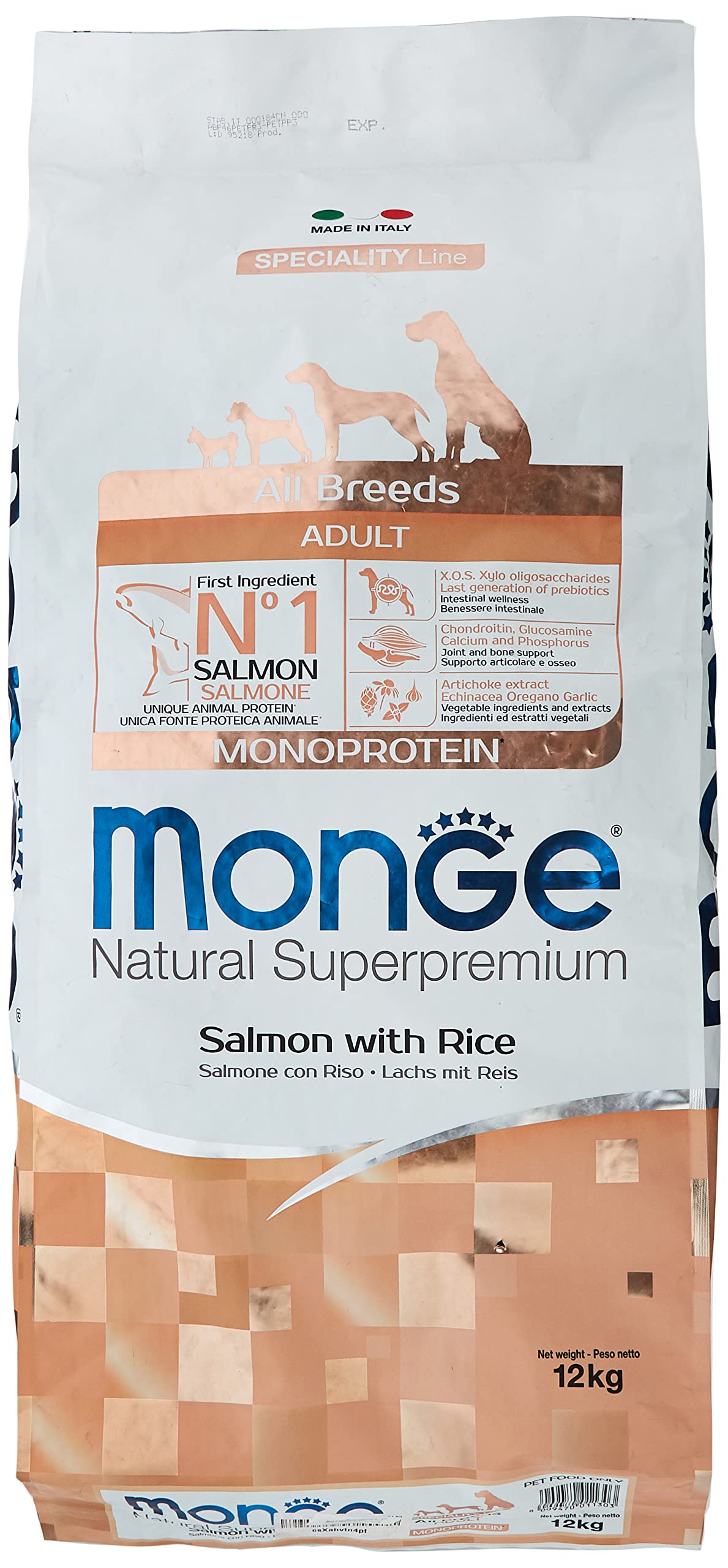 Monge Natural Superpremium Adult Salmon And Rice, for All Breeds (Dry Dog Food with Salmon and Rice, Very Rich in Fibre and Vitamins, 12 kg)