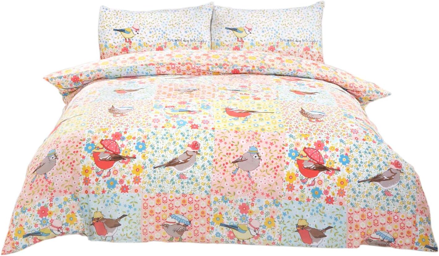 Patchwork Birds In Hats Floral Pink Blue Yellow Usa Twin (135cm X 200cm - Uk Single) Duvet Comforter Cover