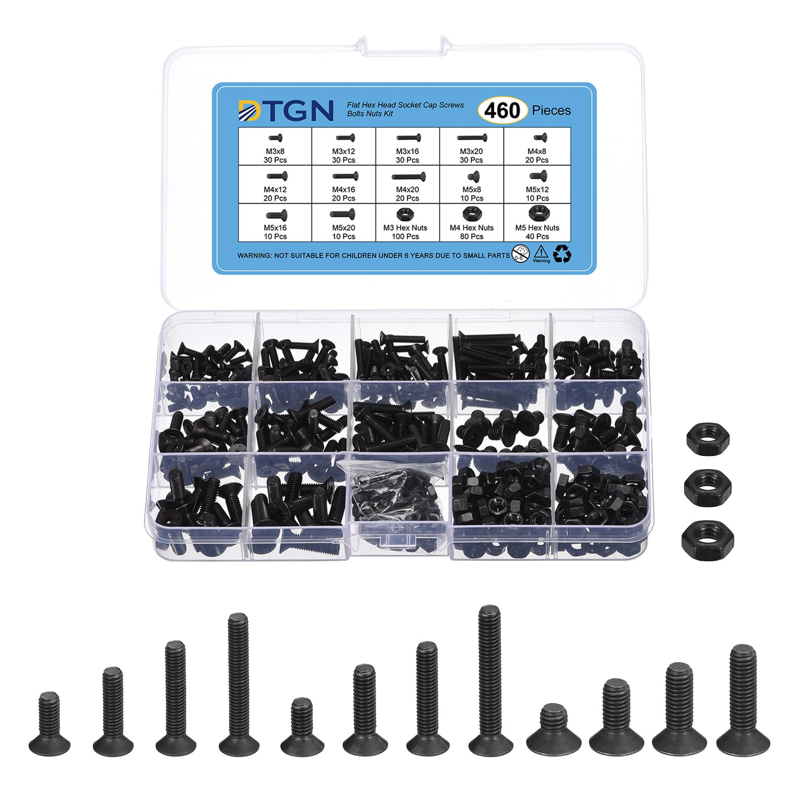 DTGN 460Pcs M3 M4 M5 Flat Head Hex Socket Cap Screws Nuts Kit, Carbon Steel Black Oxide Flat Machine Screws, Full Thread, Countersunk Bolts