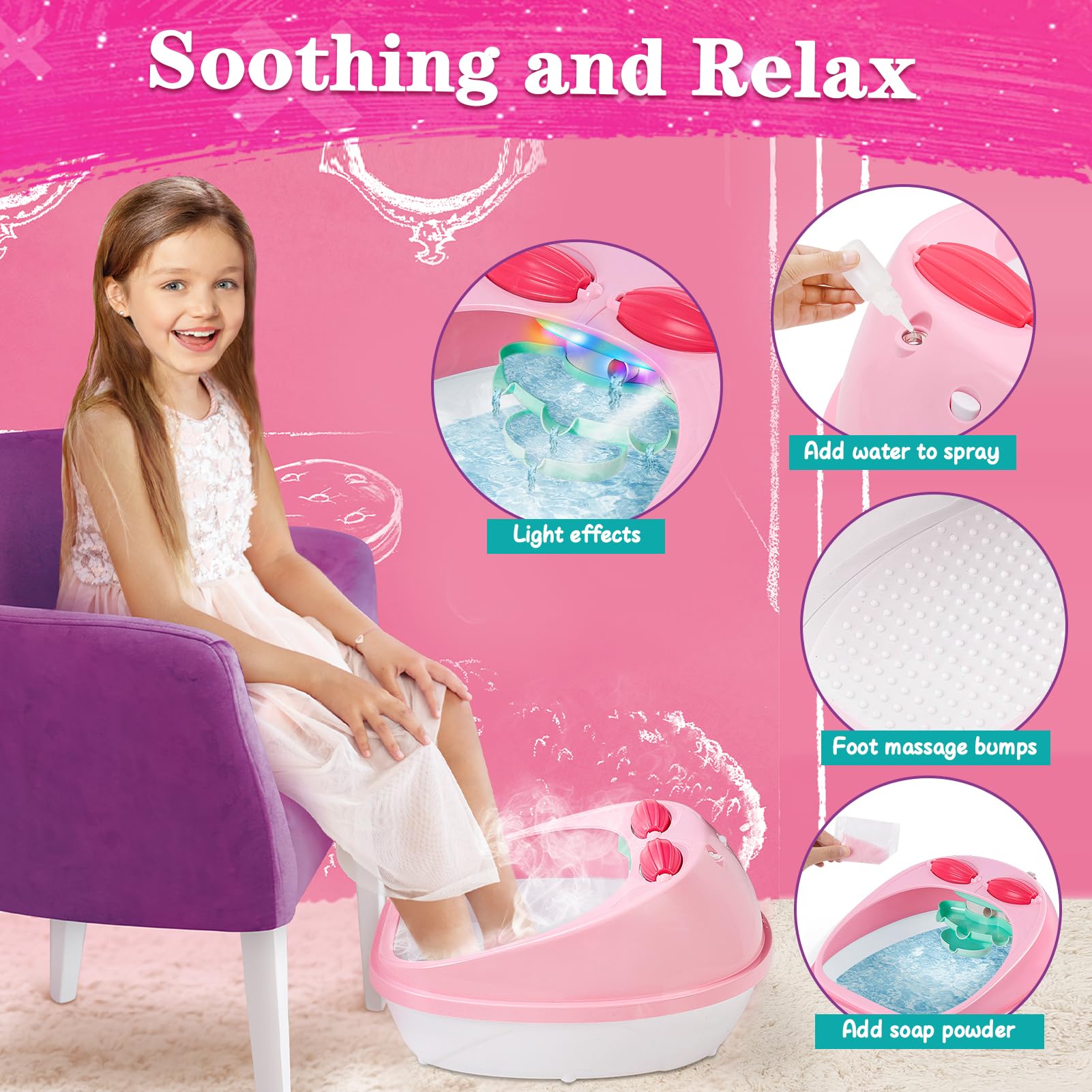 Kids Foot Spa & Nail Kit Set, Kids Spa Day Kit for Girls, Massage Foot Soak Tub and Nail Dryer, Manicure Pedicure Art Salon Girl Gift for 5-12, Christmas Birthday Gifts