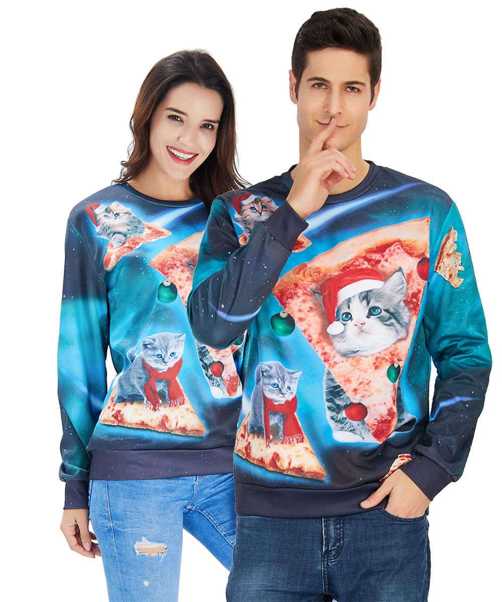 RAISEVERN Unisex hässliche Weihnachtskatze Pullover Hip Hop Neuheit Grafik Pullover Sweatshirt Kleidung für Teen Juniors