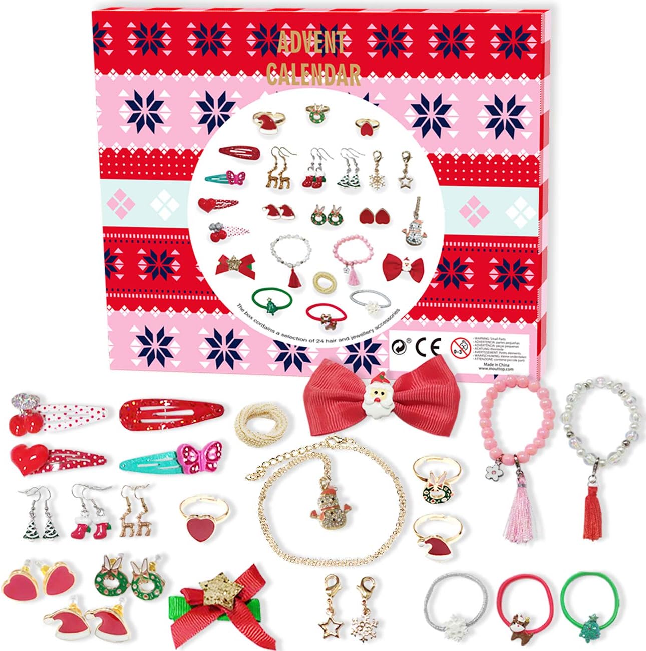Advent Calendar, DIY Charm Jewellery Countdown to Christams for Girls Kids with Fashion Hair Ties Earring Bracelets Ring and Santa Long Necklace -Gift 24 pcs
