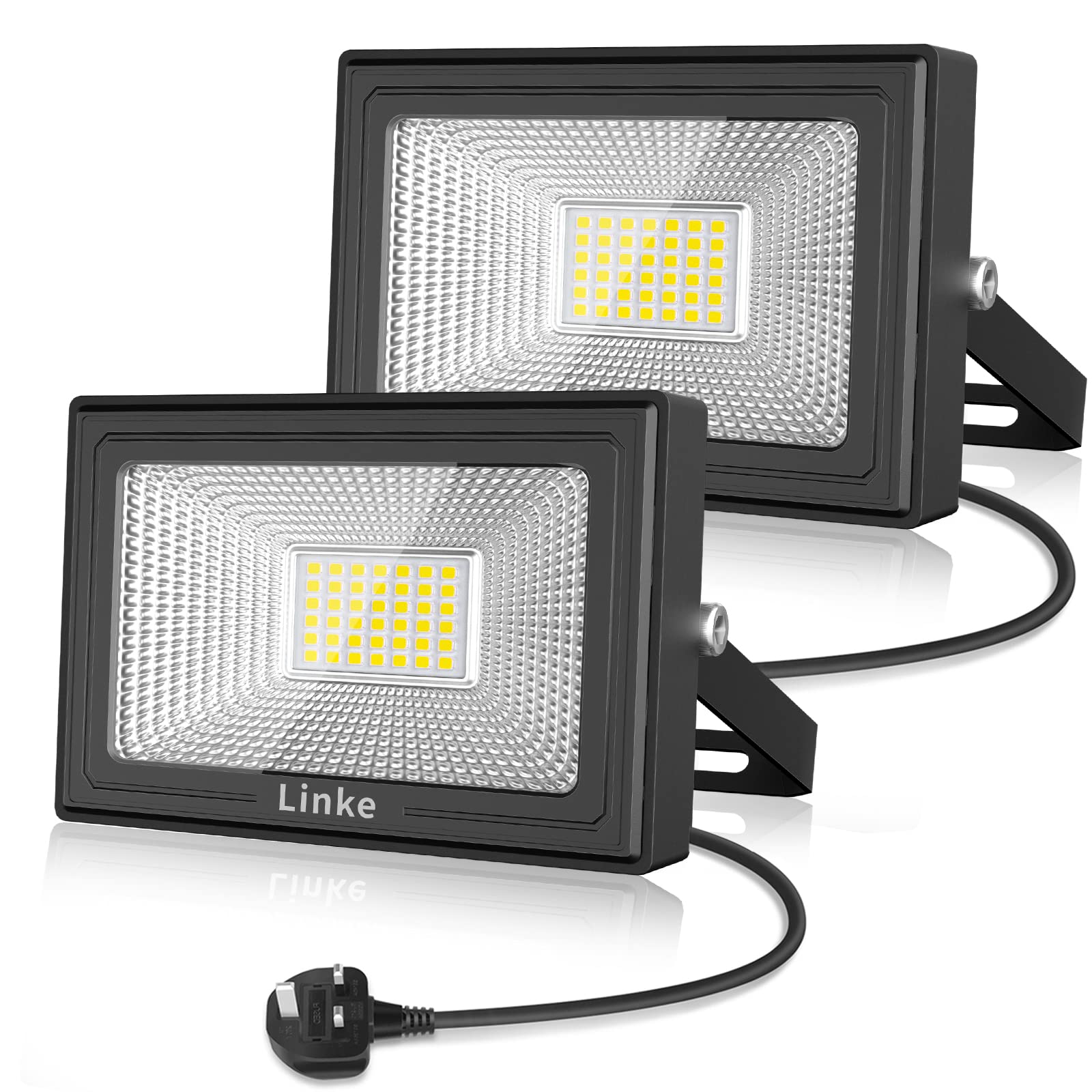 Linke LED Floodlight Outdoor 35W, 3000LM Work Lights Plug in, IP66 Waterproof Led Outdoor Lights, Wall Lights Outdoor Daylight White for Garden, Porch, Courtyard, Garage & Warehouse, 2 Pack
