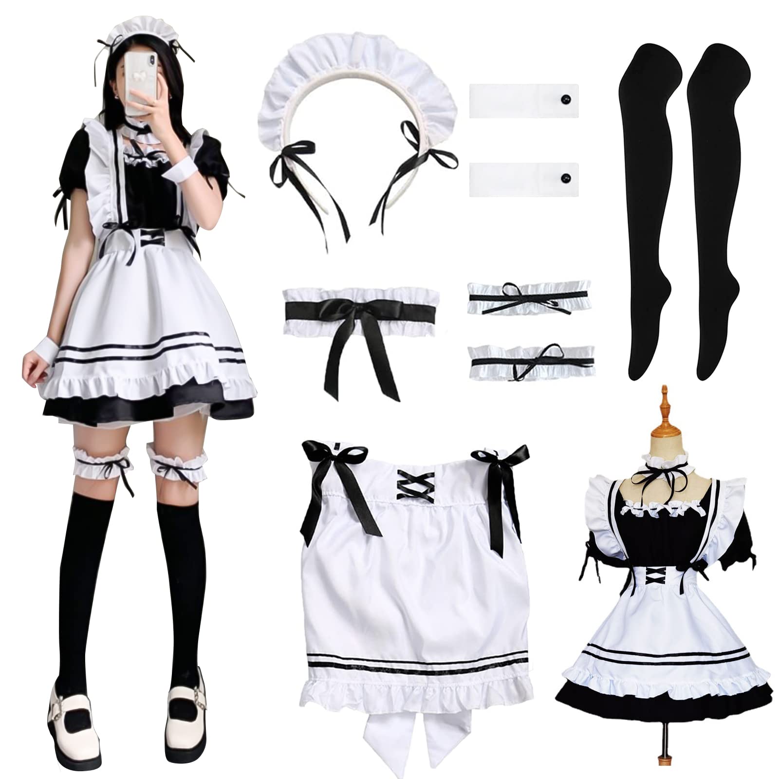 YushengTai Maid Dress, Maid Costume Cosplay Anime, Classic Black and White Dress, French Maid Dress with Headband, Christmas Halloween Party Cosplay Costumes, Size XL