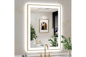 YEELAIT 28x36 Inch LED Bathroom Mirror with Lights (Front Lit and Backlit) Gold Framed Lighted Vanity Mirror for Bathroom Wall Dimmable Anti-Fog Memory Tempered Glass Horizontal/Vertical