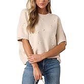 Kedera Womens Short Sleeve Bow Sweater Crewneck Cropped Pearl Top Bow Embellished Top Loose Pullover Thick Knitwear
