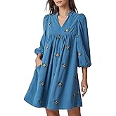 EZAPINE Corduroy Dress Women Embroidered Fall Winter Empire Waist V Neck Babydoll Mini Dress with Pockets