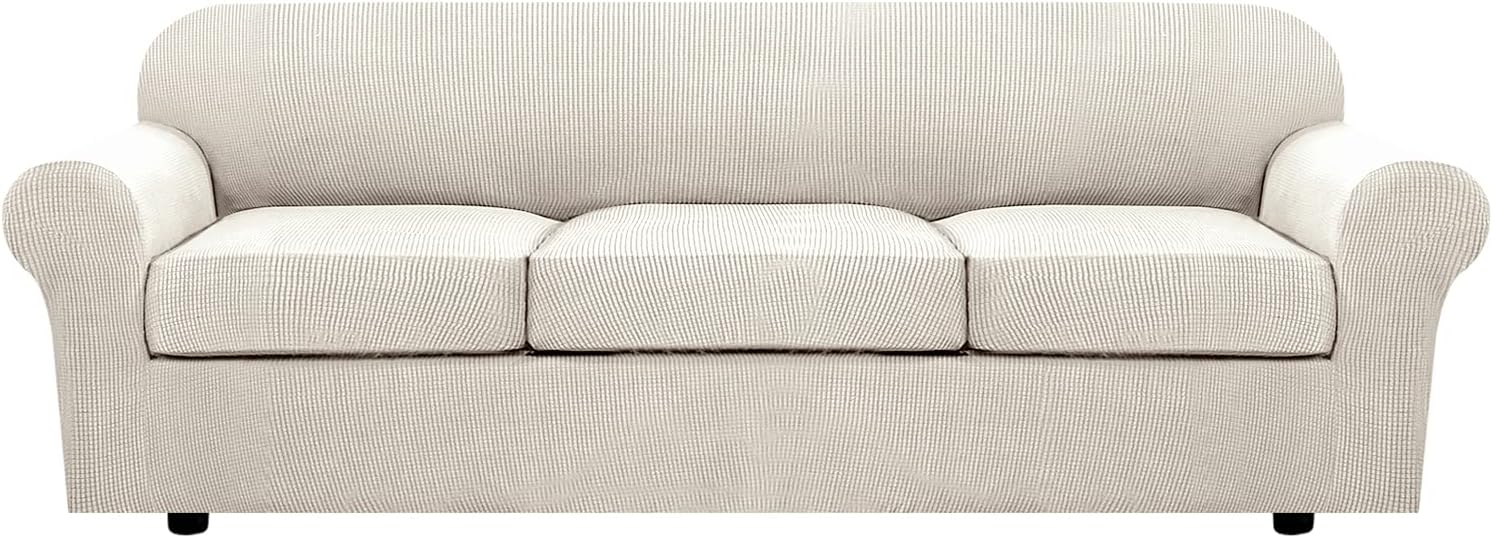 Slipcovers - H.VERSAILTEX 4 Piece Stretch Sofa Covers for 3 Cushion Couch Covers for Living Room Furniture Slipcovers (Base Cover Plus 3 Seat Cushion Covers) Upgraded Thicker Jacquard Fabric (XL Sofa, Ivory)