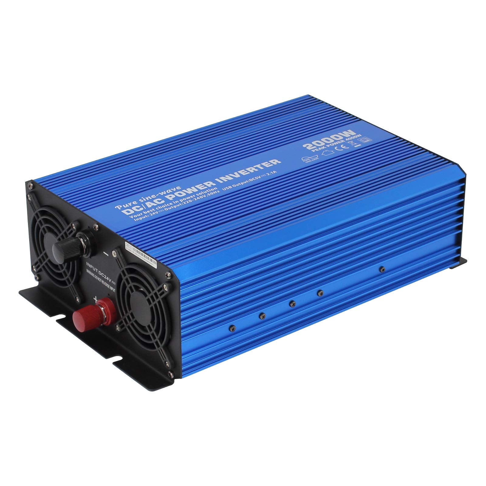 2000W 24V pure sine wave power inverter to convert 24V DC battery output to 230V AC mains electricity, for vehicles, boats or any other off-grid power systems