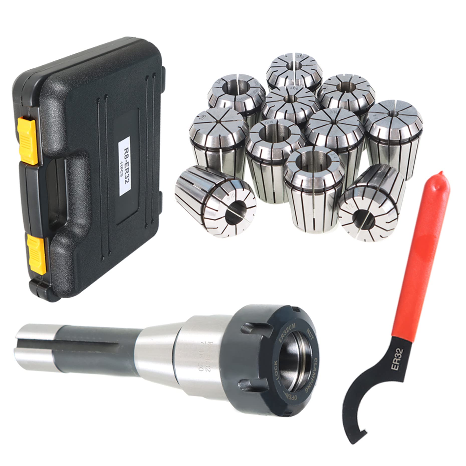 Photo 1 of kimllier ER32 R8 Collet Chuck Holder Set with 11Pcs ER32 3-19MM Collet Set and Wrench Fit for CNC Engraving Machine and Milling Lathe Tool