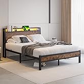 ZGEHCO Queen Bed Frame with Ergonomic Headboard&Charging Station,LED Bed Frame Queen Size Metal Platform Bed Frame with Storage No Box Spring Needed,Heavy Duty Steel Slats,Noise Free, Rustic Brown