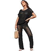 Famulily Womens 2 Piece Hollow Out Cover Up Set Crochet Knitted Outfits with Short Sleeve Tops and Long Pants