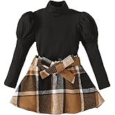 Kucnuzki Toddler Baby Girl Fall Winter Clothes Long Sleeve Ribbed Shirt Top Corduroy Mini Skirt Plaid A-line Dress Outfit
