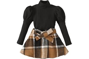 Kucnuzki Toddler Baby Girl Fall Winter Clothes Long Sleeve Ribbed Shirt Top Corduroy Mini Skirt Plaid A-line Dress Outfit
