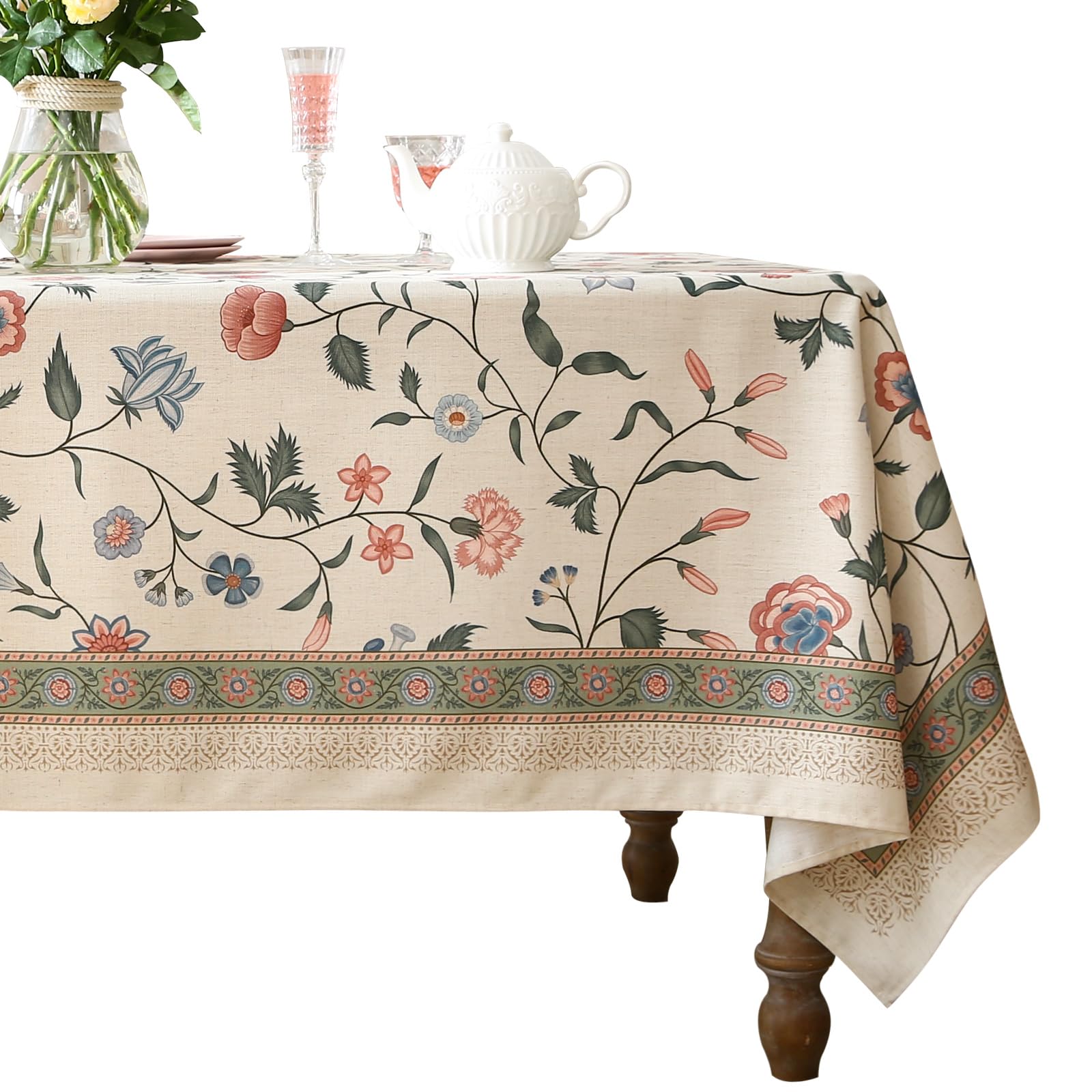 Photo 1 of ISAENNE French Tablecloth for Rectangle Tables,Linen Table Cloth with Pink Flowers and Leavs Pattern,Heavy Durable Table Cover for Dining Thanksgiving Kitchen Decor Party Christmas,63"*94"