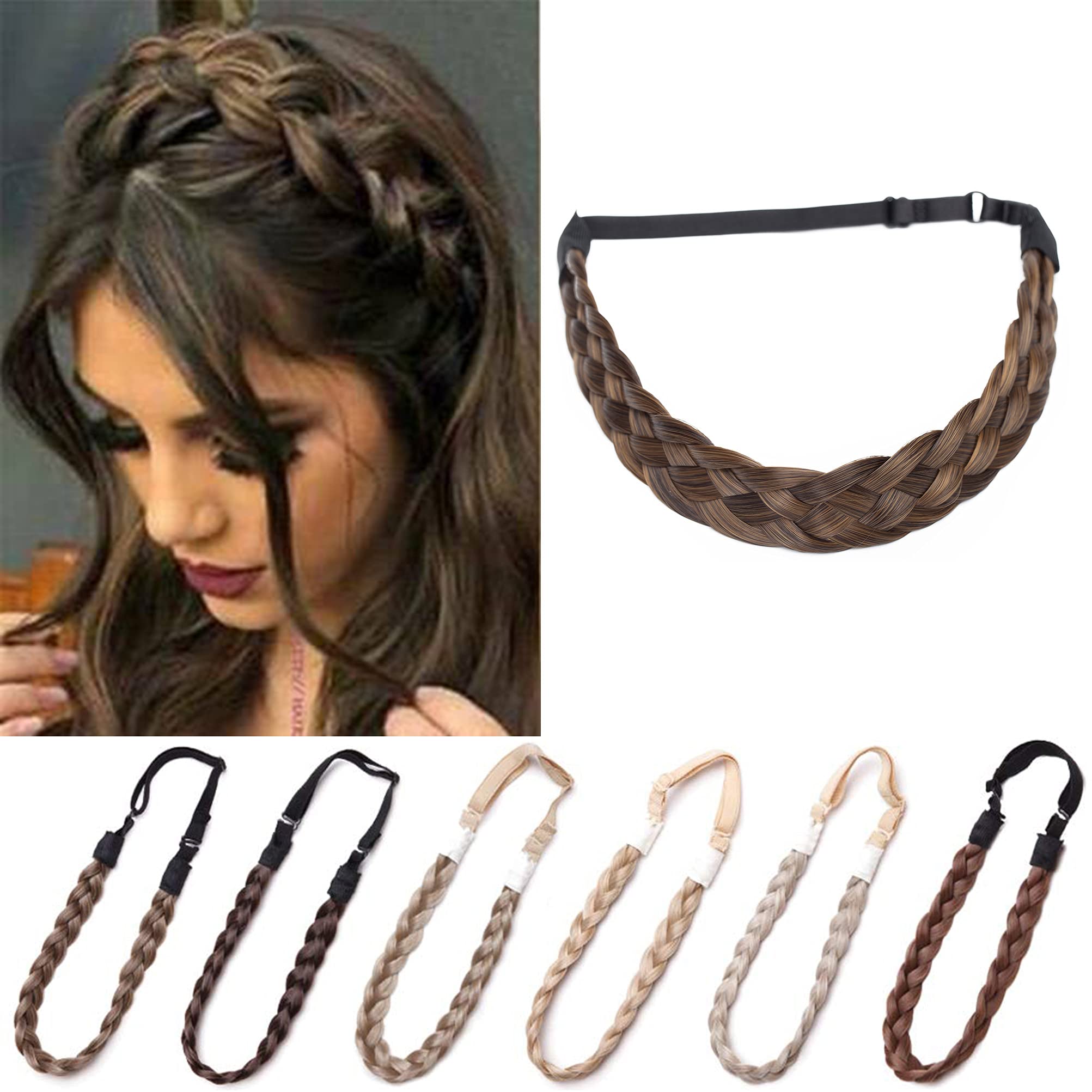Hair Braided Hair Extensions Headband Classic Chunky Wide Plaited Braids Elastic Stretch Hairpiece Women Girl Beauty Accessory Width 1" - Dark Brown mix Sandy Brown