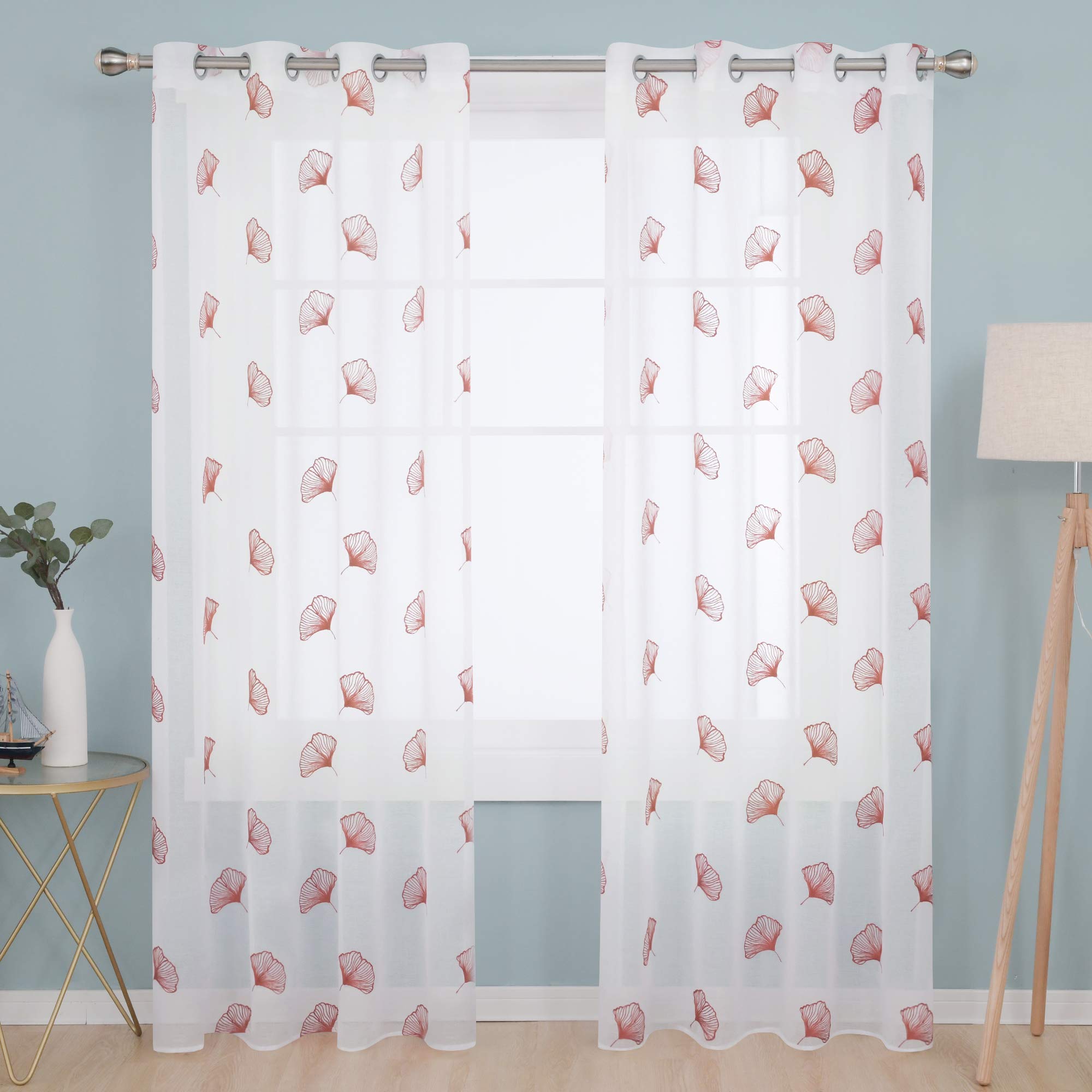 Deconovo Long Linen Effect Sheer Curtains Semi Transparent Voile Curtains Dandelions Pattern Net Curtains for Darkening Room 55 x 94 Inch Orange One Pair