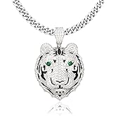 Silver Tiger Charms Animal Head Cuban Link Chain Necklace for Men Gifts, Hip Hop Necklace Tiger Pendant Cuban Chains, Ice Out Diamond Hip Hop Jewelry, 5mm 22 Inch Length