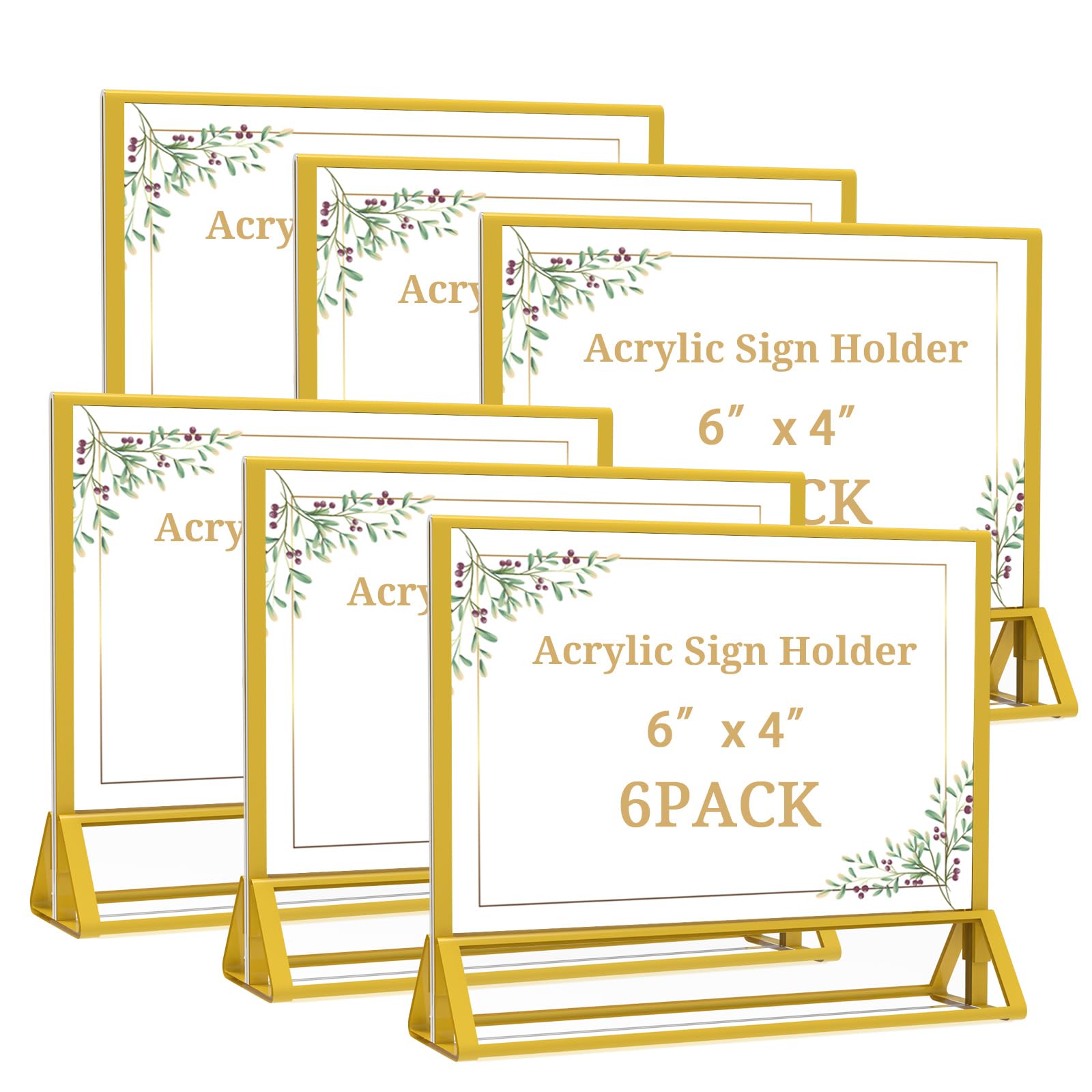 Photo 1 of PPH-Sisy Clear Acrylic Sign Holder 6x 4 Horizontal Double Sided Gold Frame Display Stand Table Flyer Holder for Wedding Table Number Menu Holder (6pcs)