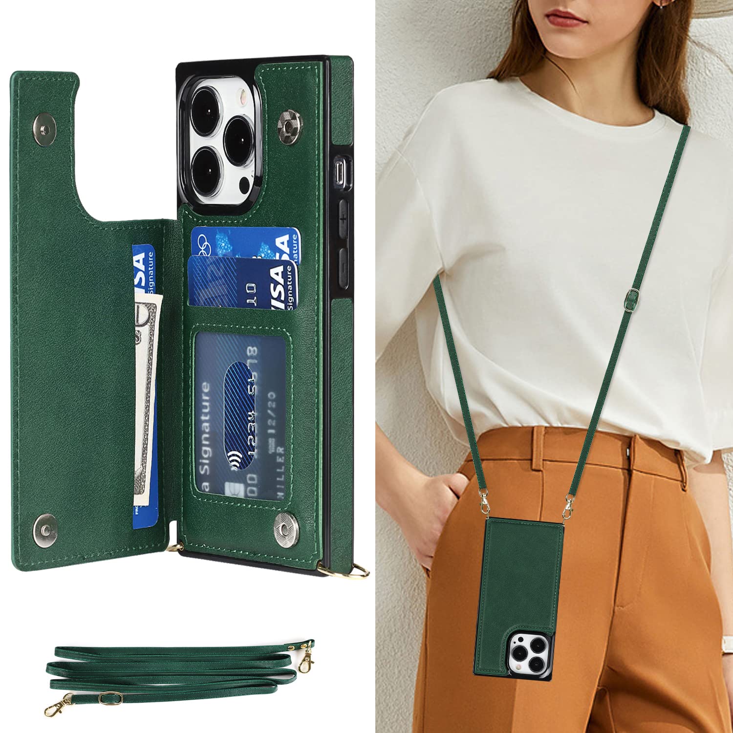DEFBSC Compatible with iPhone 13 Pro Max Case, Crossbody Wallet Case, Adjustable Detachable Lanyard Neck Strap with Kickstand Card Holder Premium Leather Protective Back Cover - Green