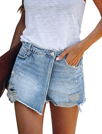 Grapent Women S Ripped High Waist Shorts Frayed Raw Hem Pockets Denim Jeans Shorts At Amazon Women S Clothing Store