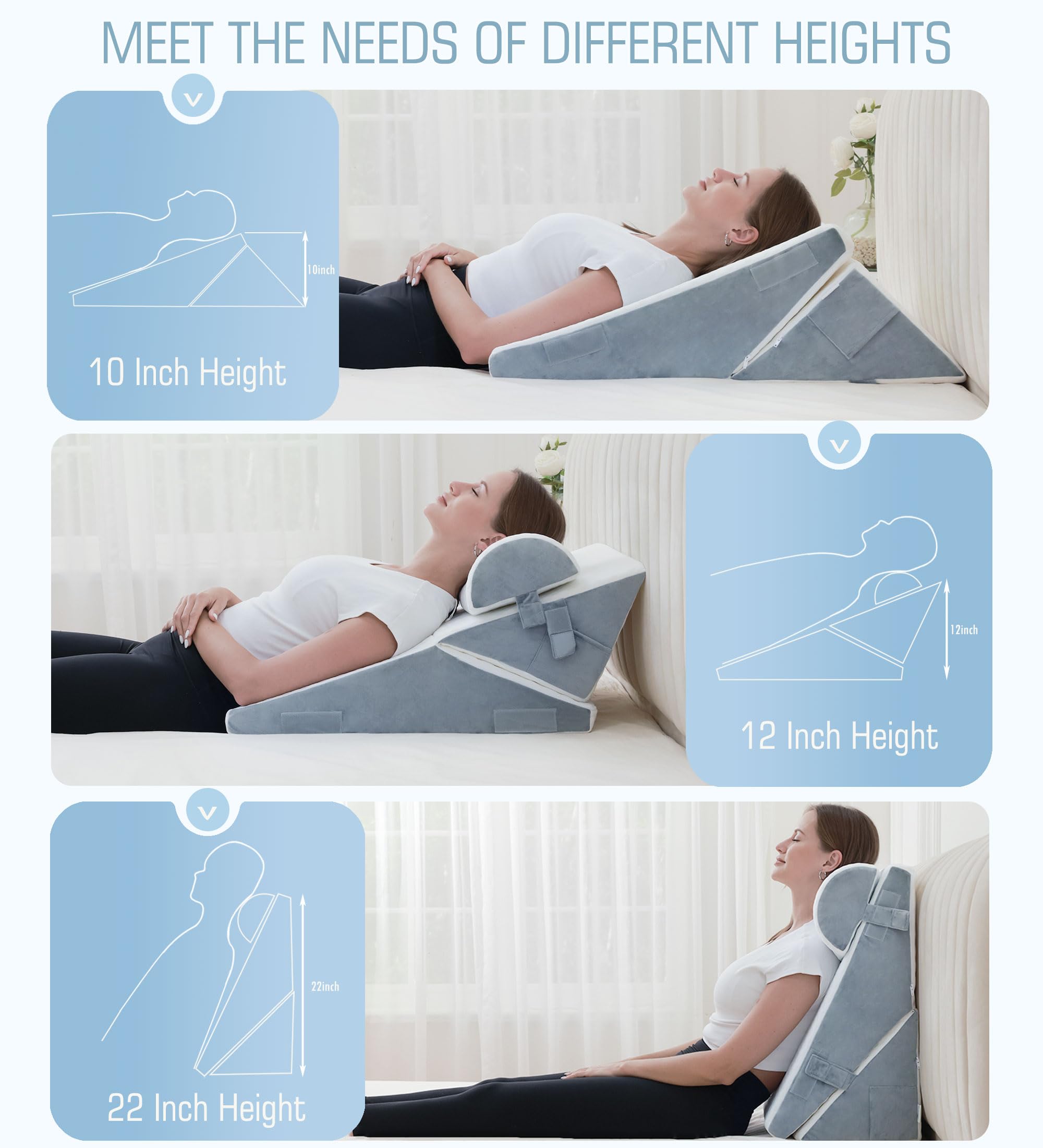 3Pcs Orthopedic Bed Wedge Pillow for Sleeping, Adjustable 9&12 Inch Memory Foam Wedge Pillow Post Surgery or Back, Neck and Knee Support, Triangle Pillow for Acid Reflux Gerd Snoring