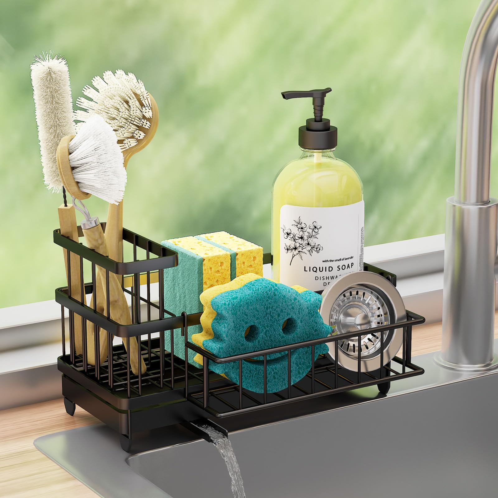 Photo 1 of Consuemst Sponge Holder for Kitchen Sink - Auto Draining Sink Caddy Organizer with Detachable Rack, High Brush Holder, Kitchen Countertop Storage Accessories, Black