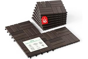 Idzo Interlocking Deck Tiles 9.6 SQFT - 10PCS Waterproof Acacia Wood Patio Tiles, Flooring Tiles for Indoor and Outdoor - Decking Checker Pattern, 11.81 x 11.81 x 0.91 Inches, Dark Brown