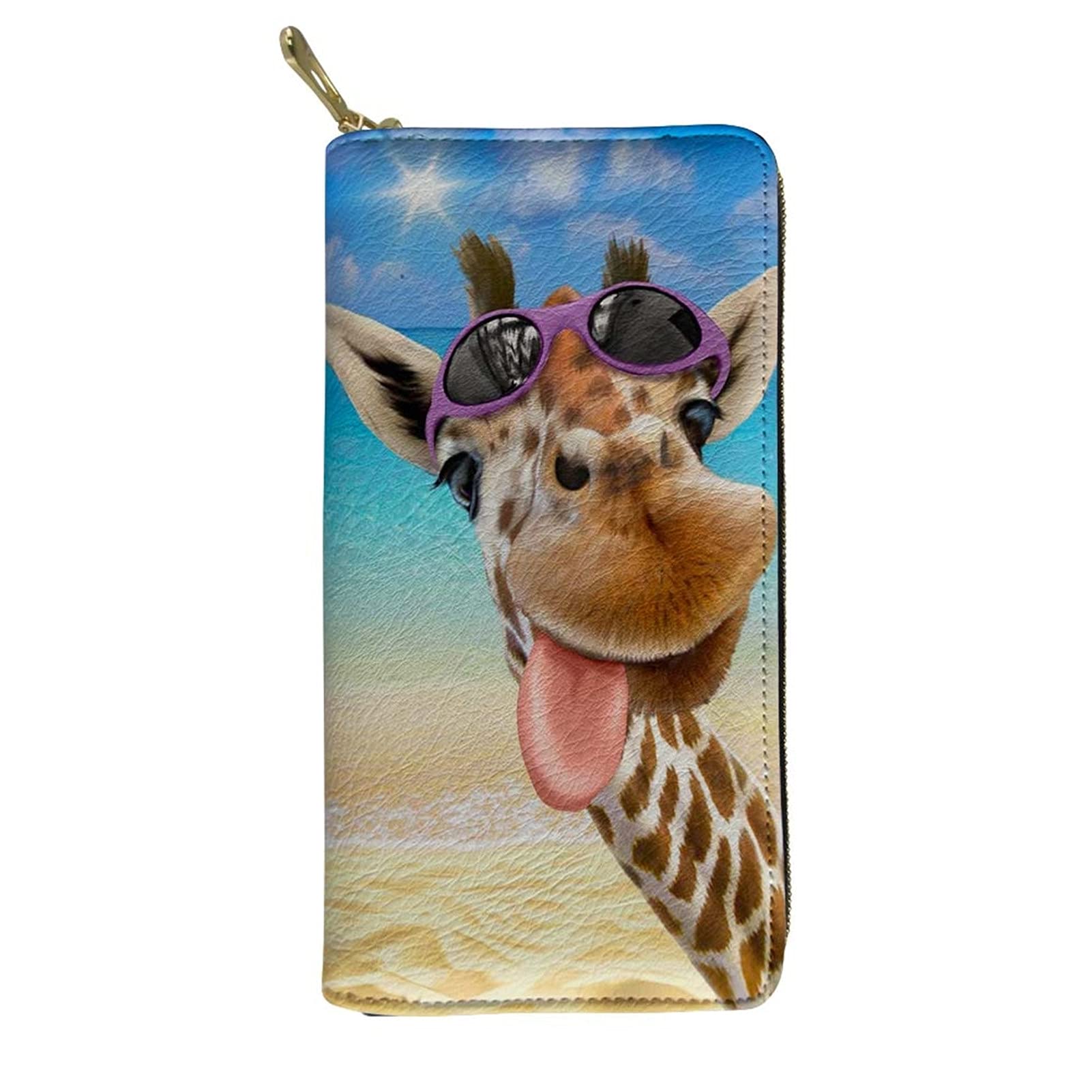 Showudesigns Giraffe Wallets with Coin Pocket for Women Ladies Long Purse Leather Zipper Closure Card Slots Case Kids Children's Day Gifts Blue Cute