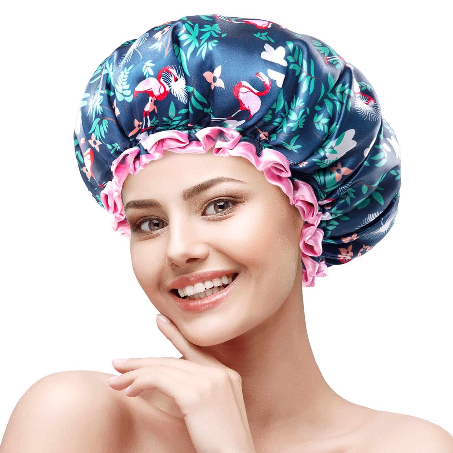 mikimini Shower Cap for Women and Girls,Reusable Waterproof Double Layer, Perfect for Short to Medium hair, Charming Flamingo Print Bath Cap - A Must-Have for Tropical Theme Lovers! 2 Pack