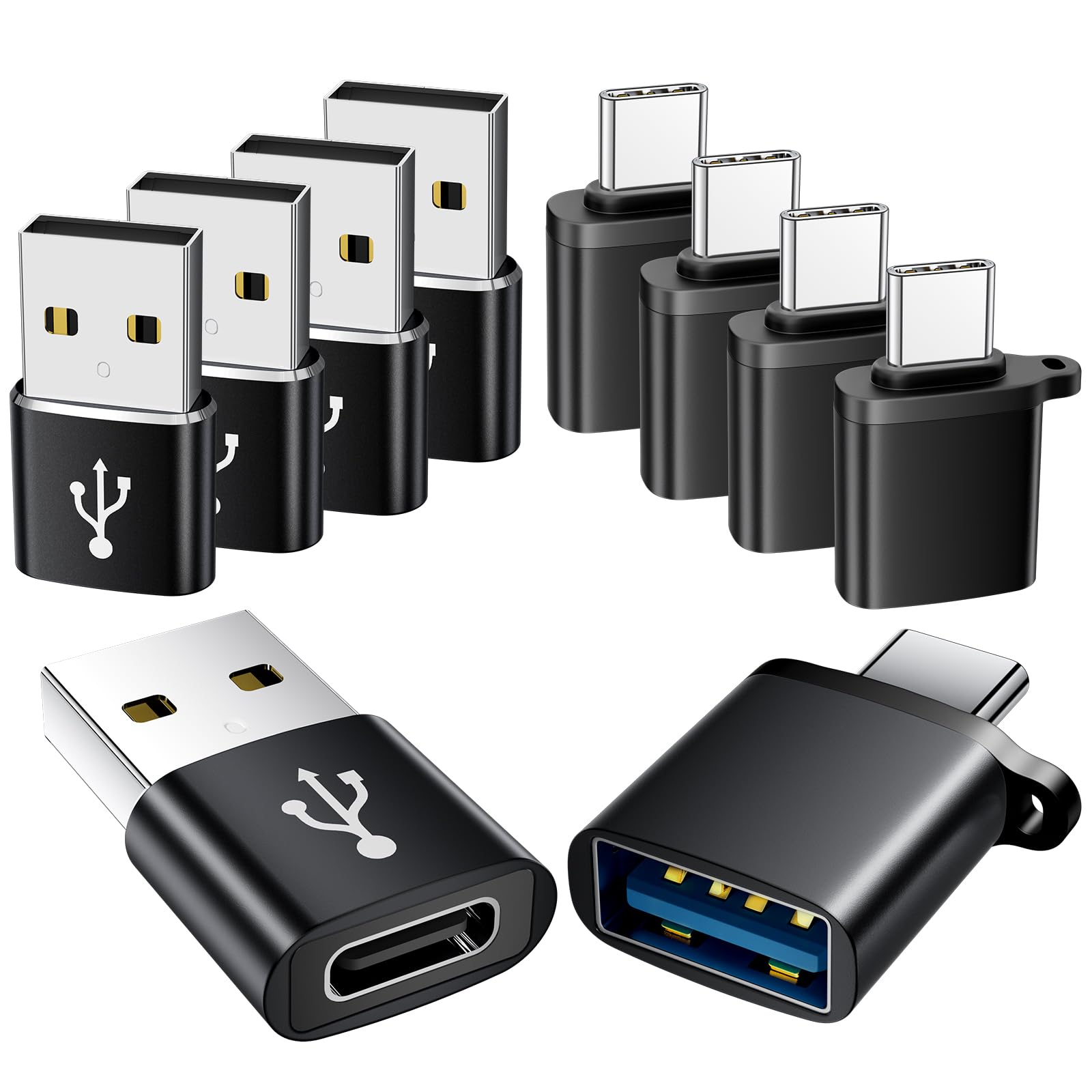 AiNEERich USB to USB C Adapter 10 Pack,USB to USB-C Adapter,USB Type C Male Female Adaptor,USBA Converter for iPhone 16 15 14,MacBook Pro,iPad,Car Charger,Black